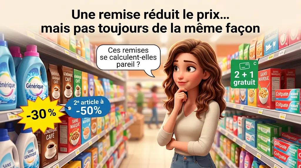 Illustration : trois remises côte à côte — -30%, 2e article à -50% et 2+1 gratuit